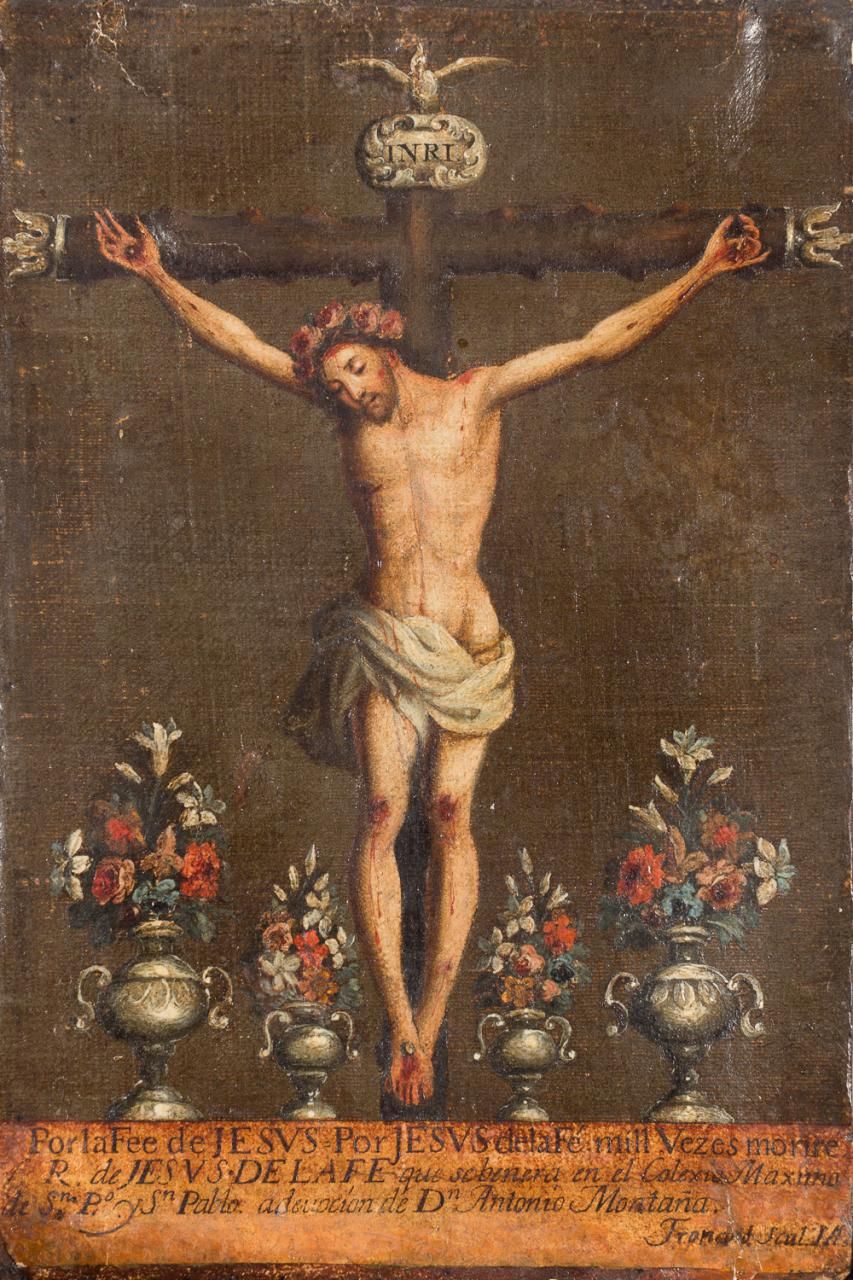 ESCUELA MEXICANA, S. XVIII - XIX Jesús de la Fe
布面油画
21 x 14 cm
在下部有一个图例："Por la&hellip;