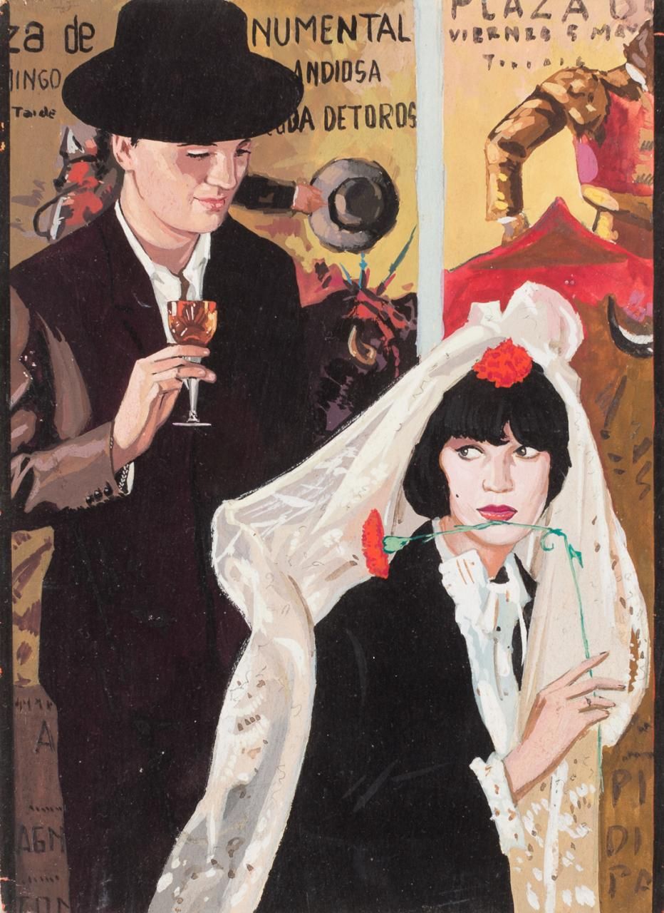 ESCUELA ESPAÑOLA, S. XX 斗牛海报上的安达卢西亚夫妇
纸上水粉画
18 x 13 cm
