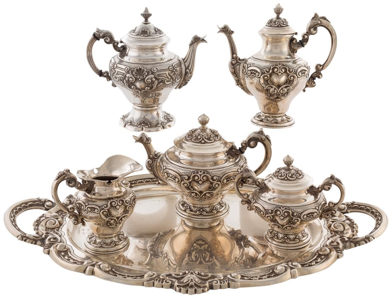 Null Coffee set in Portuguese silver punched and decorated in rococo style with &hellip;