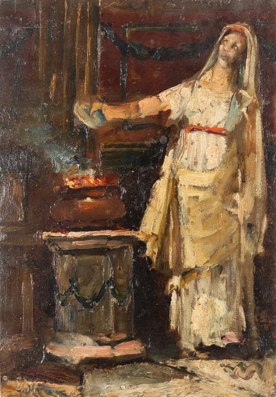 ESCUELA ESPAÑOLA, S. XX 女祭司烧火
面板上的油画
35 x 25 cm
背面的准备草图。