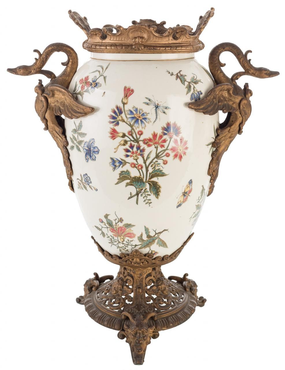 Null 釉面陶瓷花瓶，有花卉装饰和小牛皮装饰。英国，Fns.S. XIX

高度：49厘米
修复。