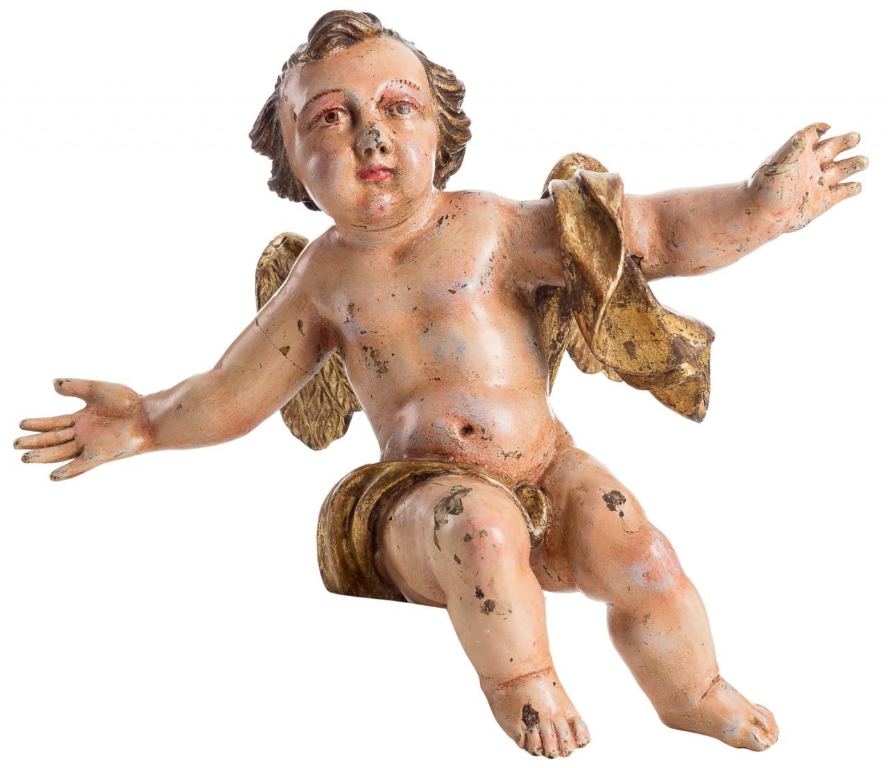 ESCUELA ESPAÑOLA S. XVIII 一对天使
雕刻，镀金和多色木
36 x 37 x 18 cm / 38 x 40 x 25 cm
损坏。