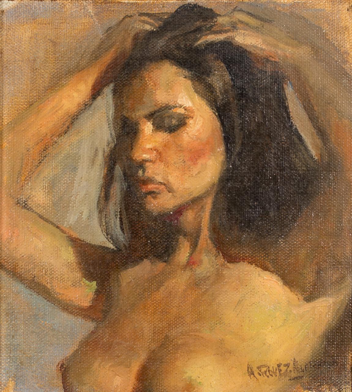 ANTONIO RODRÍGUEZ-ALMANSA 女性裸体
布面油画
20 x 19 cm
右下角有签名："Rguez-Almansa" 。