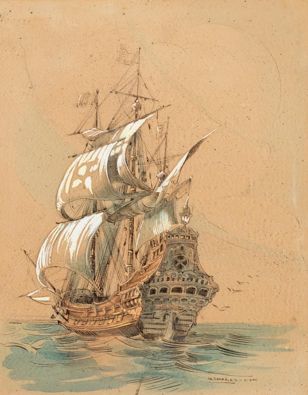 MANUEL CORRALES EGEA (Santa Cruz de Tenerife, 1910 - Vigo, 1985) Fragata
纸上水彩和粉笔&hellip;