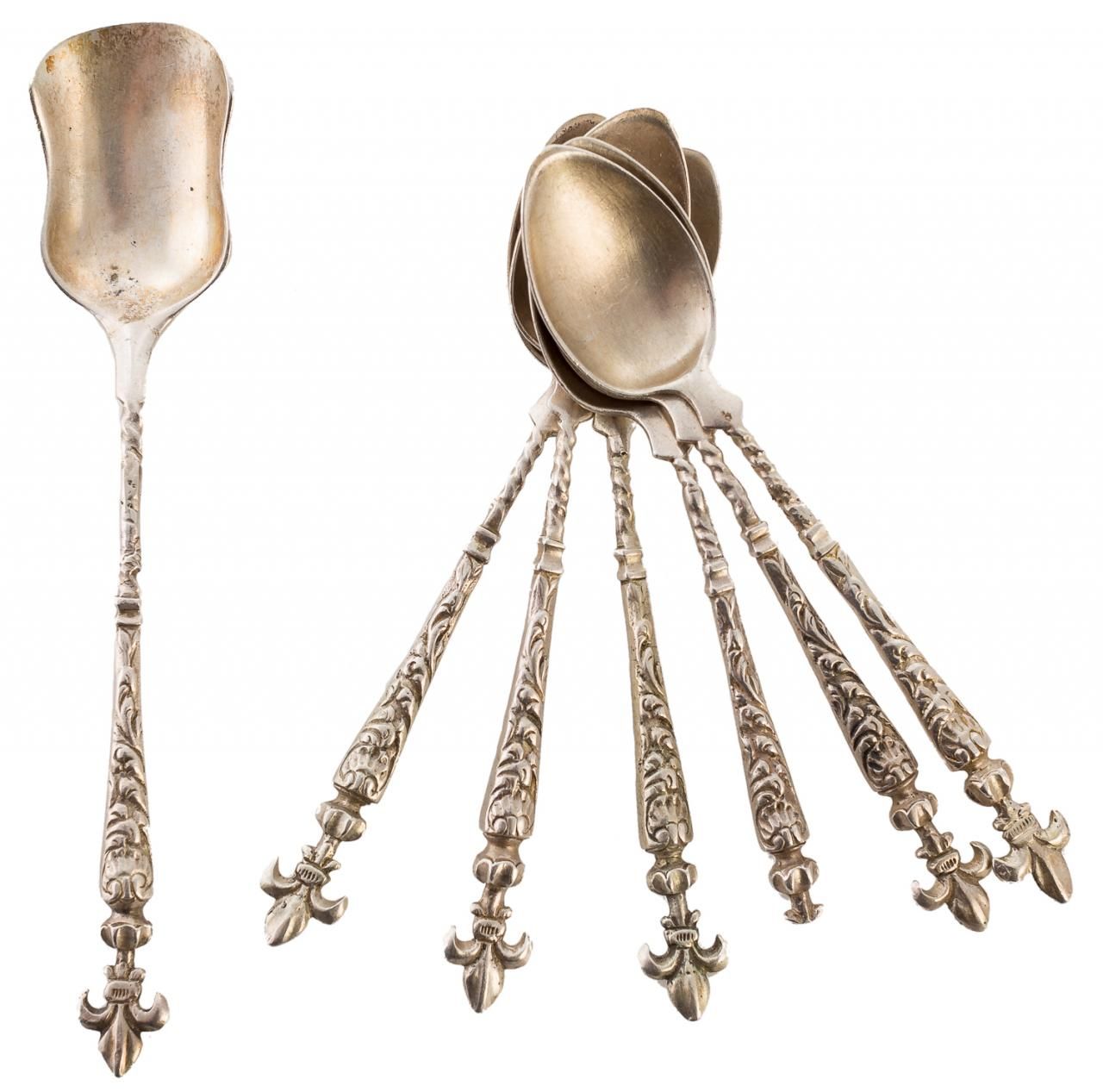 Null Lot consists of six coffee spoons and one for sugar in silver punched and t&hellip;