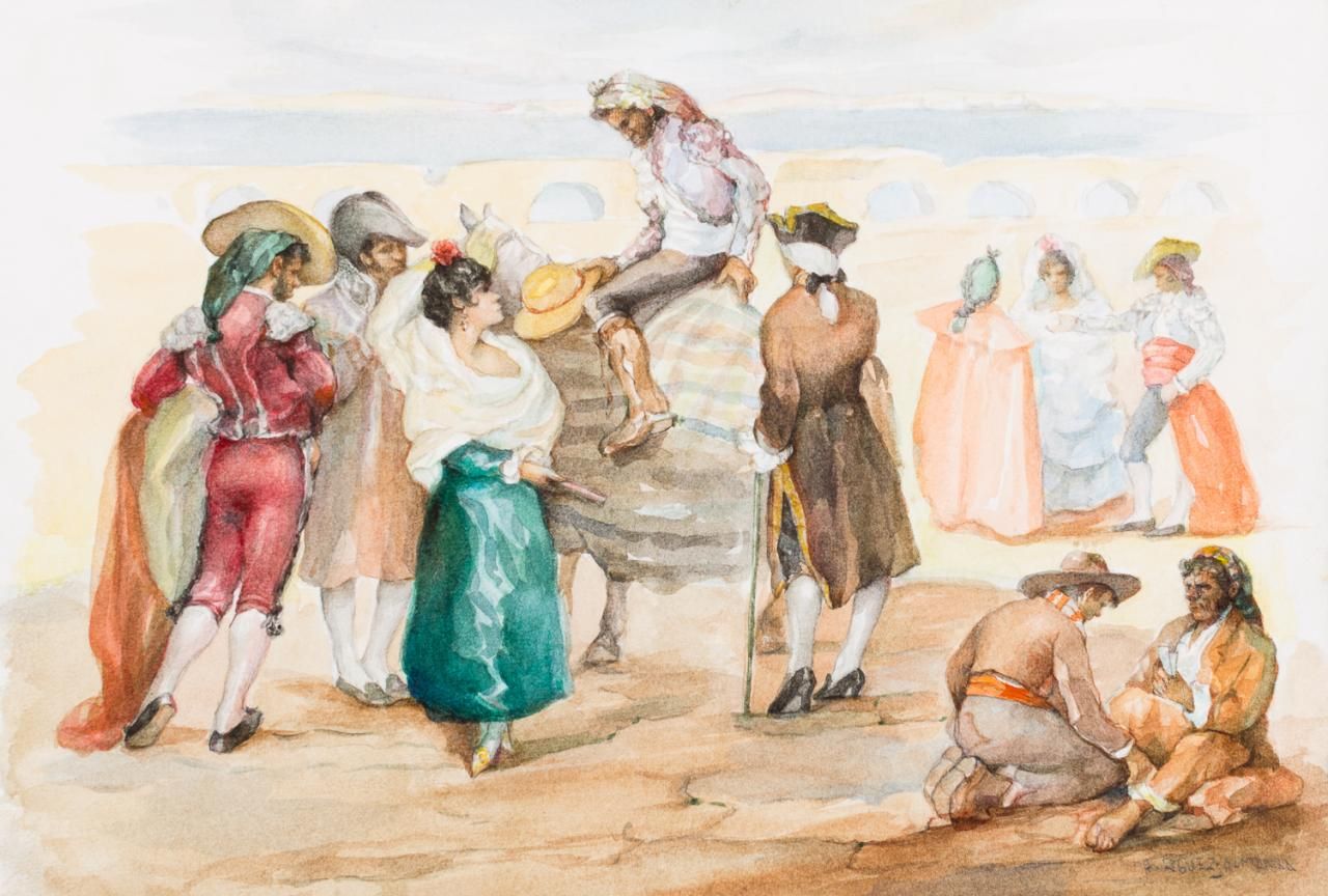 ANTONIO RODRÍGUEZ-ALMANSA 戈雅式场景
纸上水彩画
25 x 35,5 cm
右下角有签名："Rguez-Almansa" 。