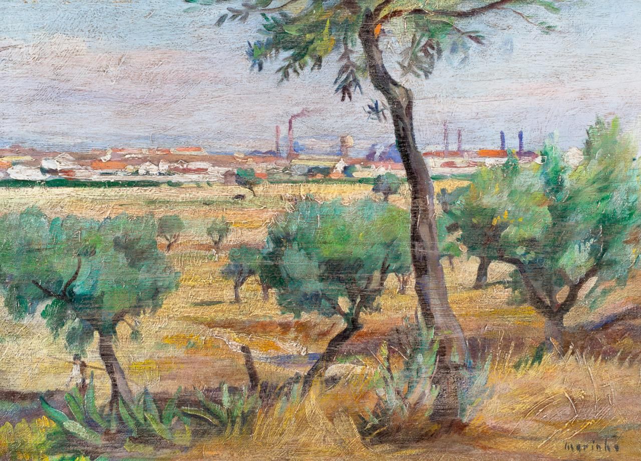 AMÉRICO DA SILVA MARINHO (Barreiro, 1913 - 1997) 城市风景
板上油画
24 x 33,5 cm
右下角有签名："&hellip;