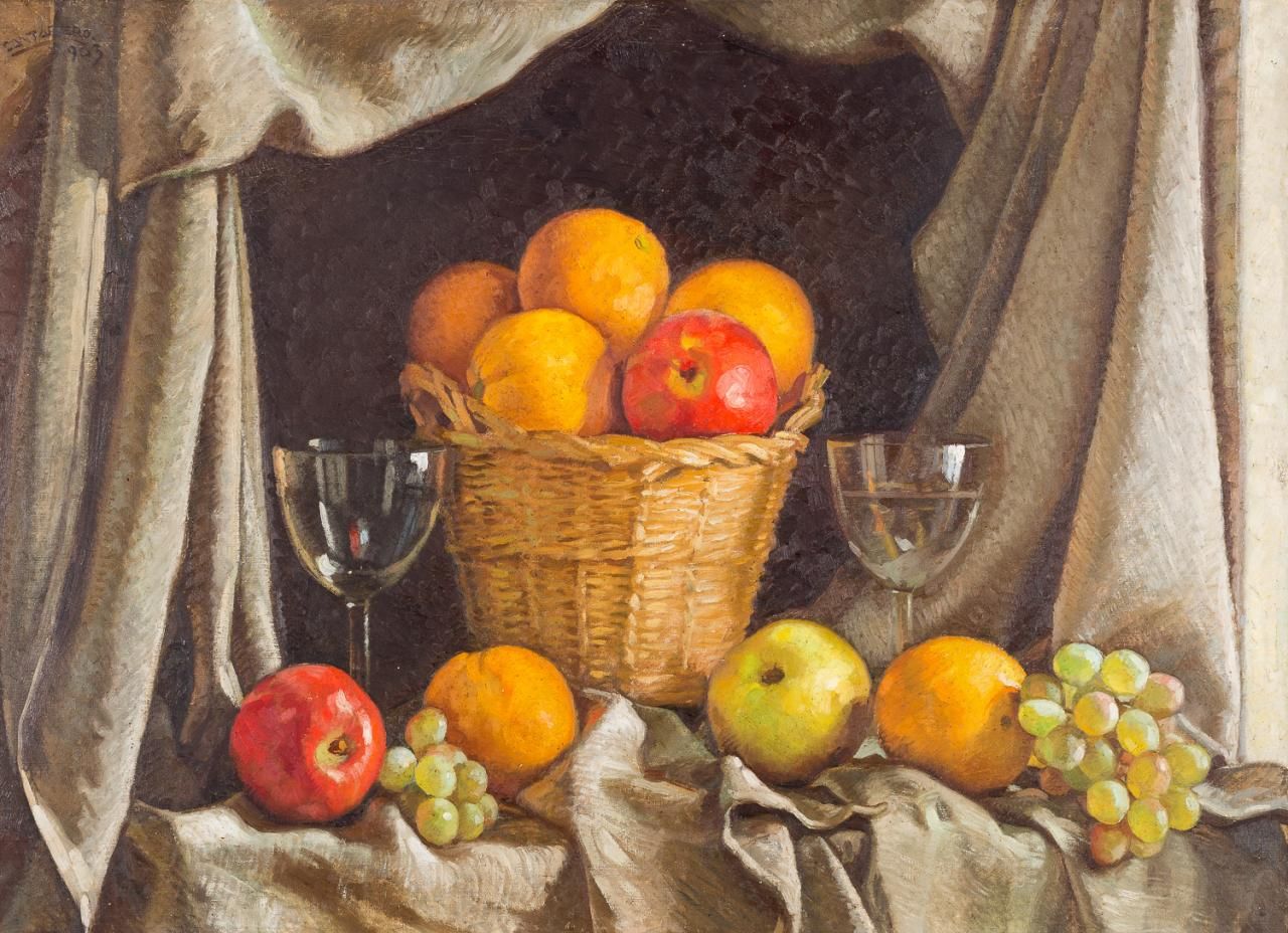 RAFAEL CANTARERO (Sevilla, 1907 - 1957) 静物与篮子和水果
布面油画
72 x 100 cm
左上角有签名："CANTAR&hellip;