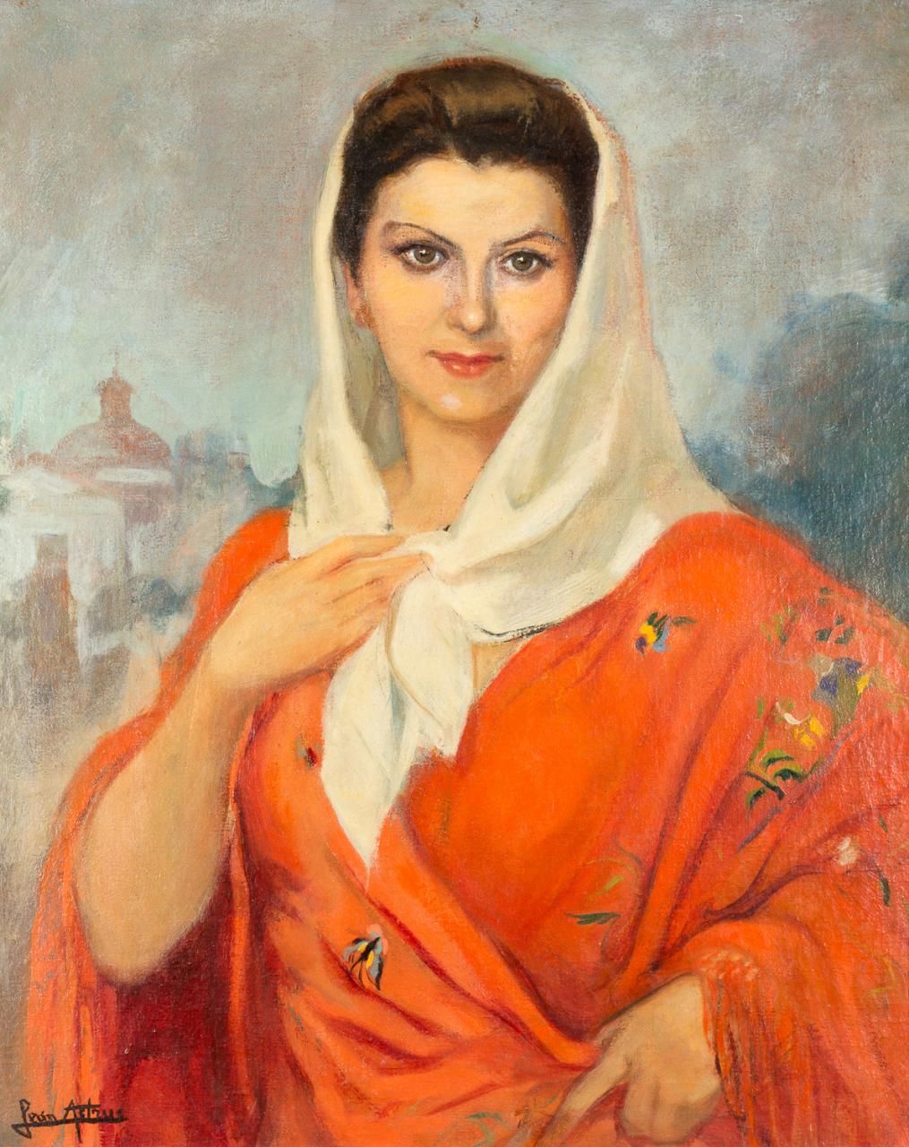 MANUEL LEÓN ASTRUC (Zaragoza, 1889-Madrid, 1965). 带红色披肩的女人
布面油画
74 x 60 cm
左下角有签&hellip;