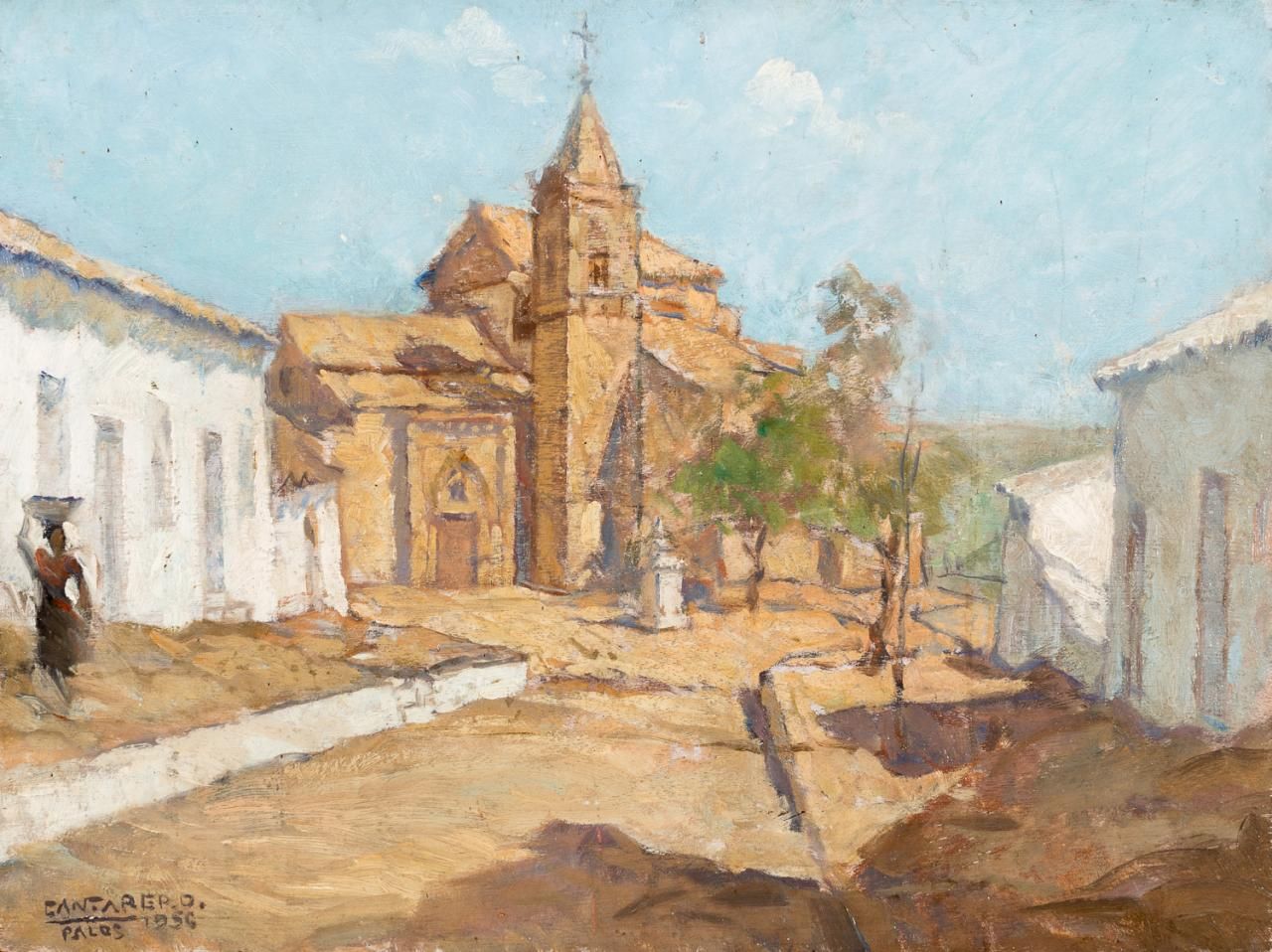 RAFAEL CANTARERO (Sevilla, 1907 - 1957) 圣豪尔赫教堂的景色（帕洛斯-德拉弗龙特拉）
面板油画
31 x 41 cm
左下&hellip;