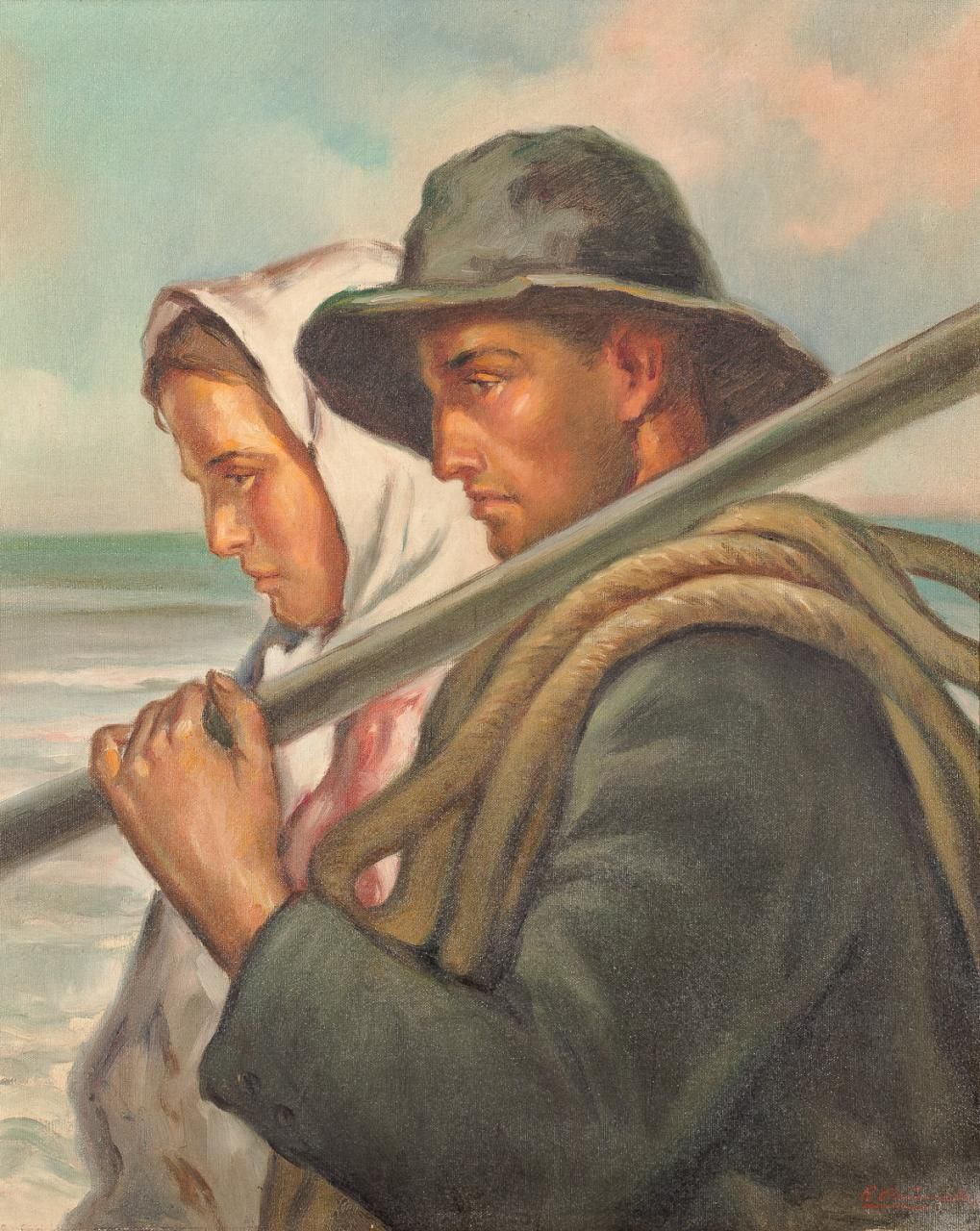 RAFAEL PEÑUELAS (Santa Cruz de Tenerife, 1901 - 2000) 渔民夫妇
布面油画
74 x 62 cm
署名 "R&hellip;