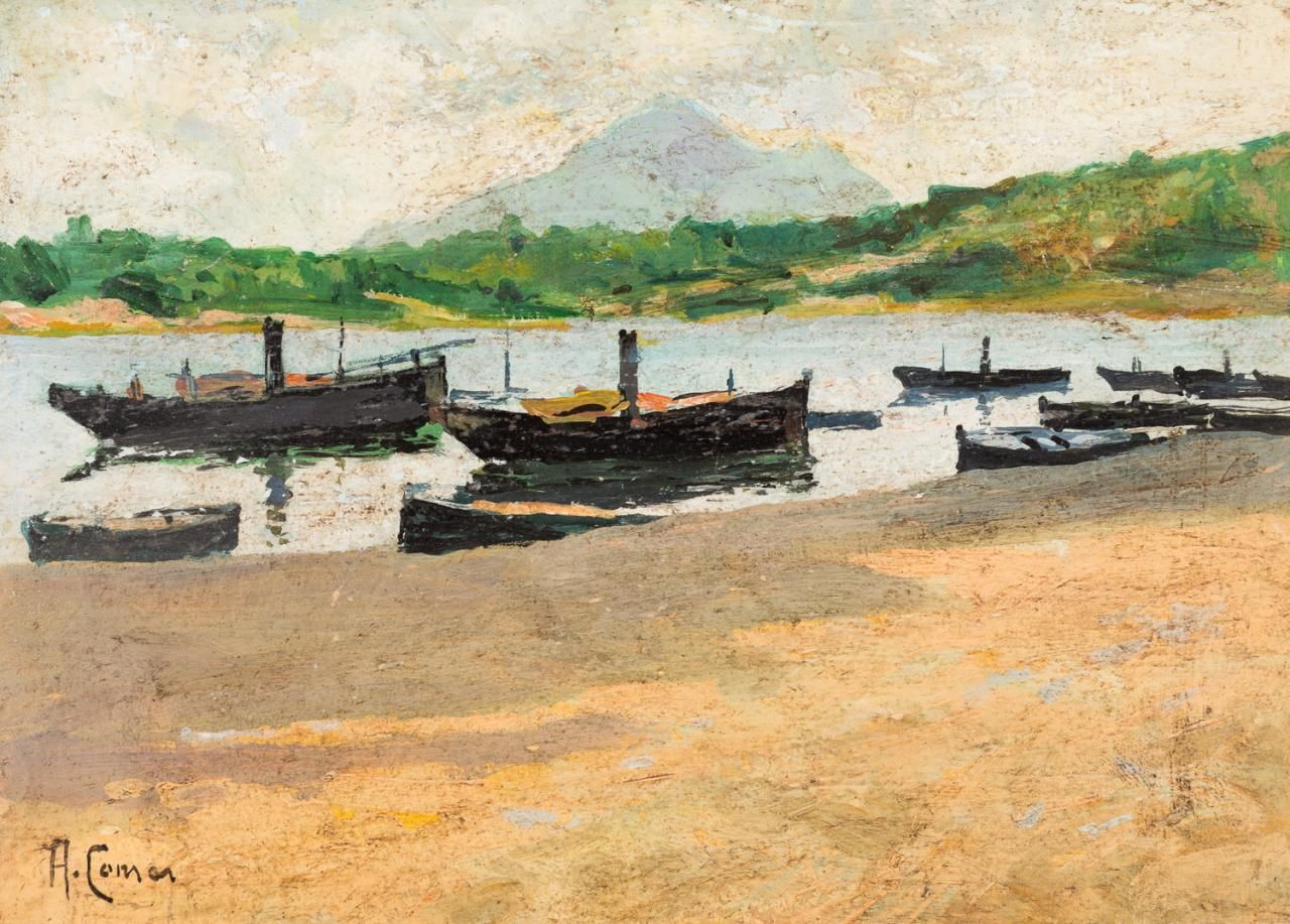 AUGUSTO COMAS y BLANCO (Valencia, 1862-Madrid, 1953). Barcas en la orilla
Oil on&hellip;