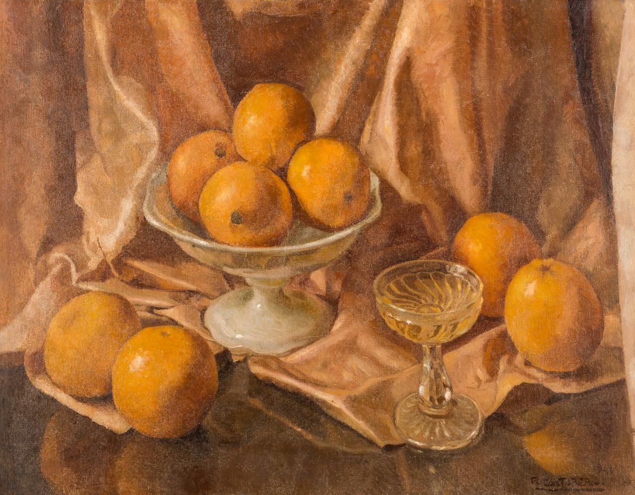RAFAEL CANTARERO (Sevilla, 1907 - 1957) Bodegón con naranjas
Óleo sobre lienzo
5&hellip;