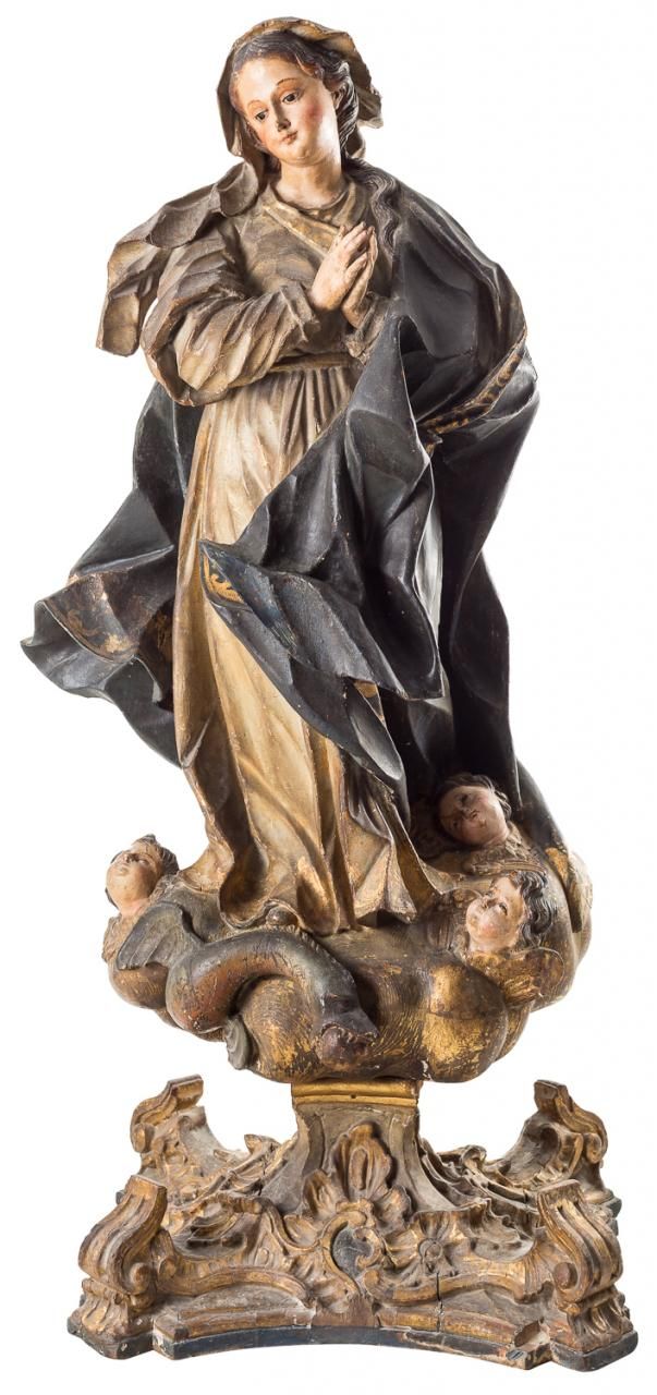 CAYETANO DE ACOSTA (Lisboa, 1709 - Sevilla, 1778) 圣母无原罪
雕刻、镀金和多色的木头，有玻璃浆的眼睛
带基座：&hellip;