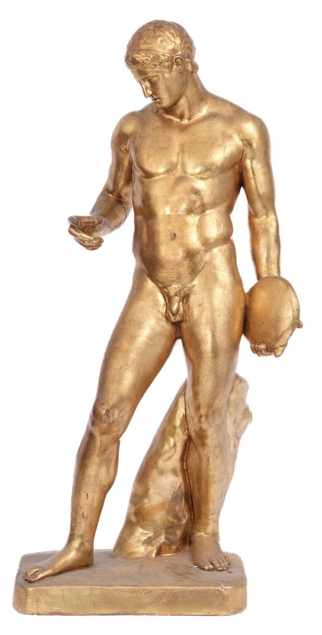 Null 镀金石膏的古典雕塑。S. XX.

105 x 29 x 40厘米

小的副产品。