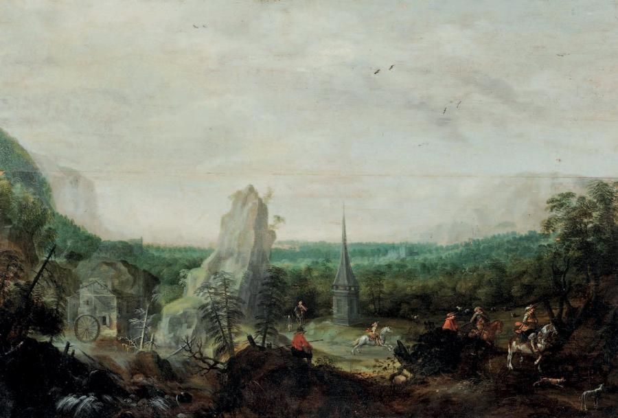 Jasper van des LAANEN (1592-1626), attr. À Paysage avec moulin et cavaliers Huil&hellip;