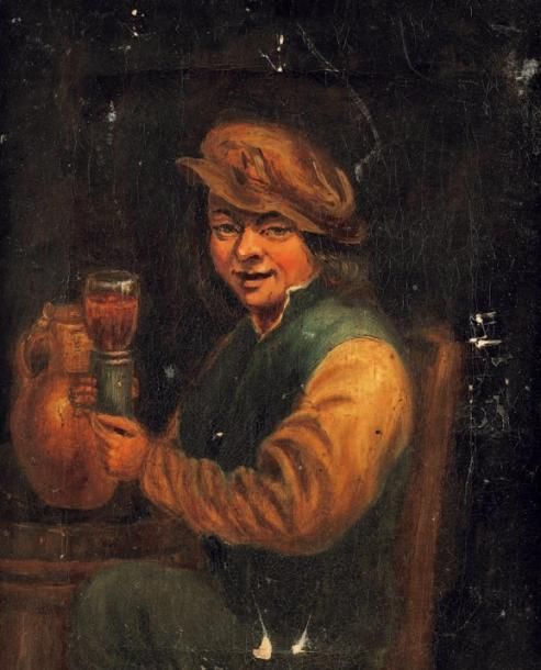 D'après TENIERS, XIXe siècle Scène de taverne: l'homme au verre Huile sur toile.&hellip;
