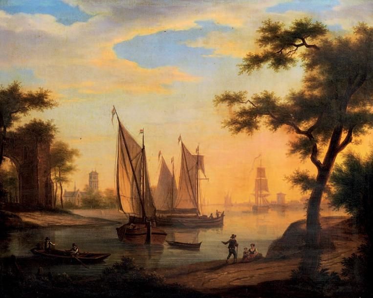 Frans SWAGERS (1756-1836) Port au crépuscule Huile sur toile signée en bas à dro&hellip;