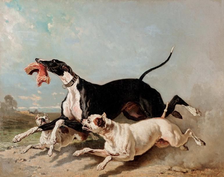 Alfred De DREUX (Paris 1810-1860) Le Voleur, lévrier avec un os Toile. Signé et &hellip;