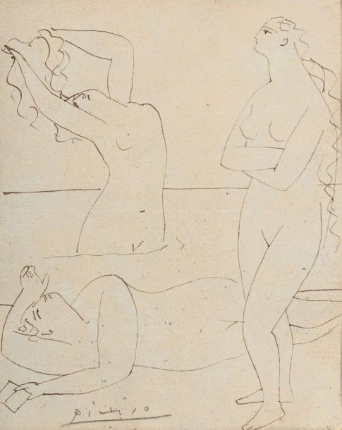 Pablo Picasso (1881-1973) Les trois baigneuses Plume et encre brune. Signée au c&hellip;