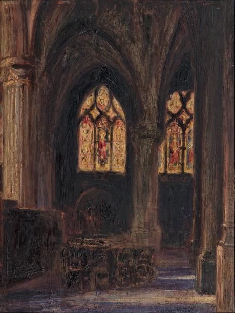 André NIVARD (Paris 1880 - 1969) Intérieur d'église avec un effet de lumière Pan&hellip;