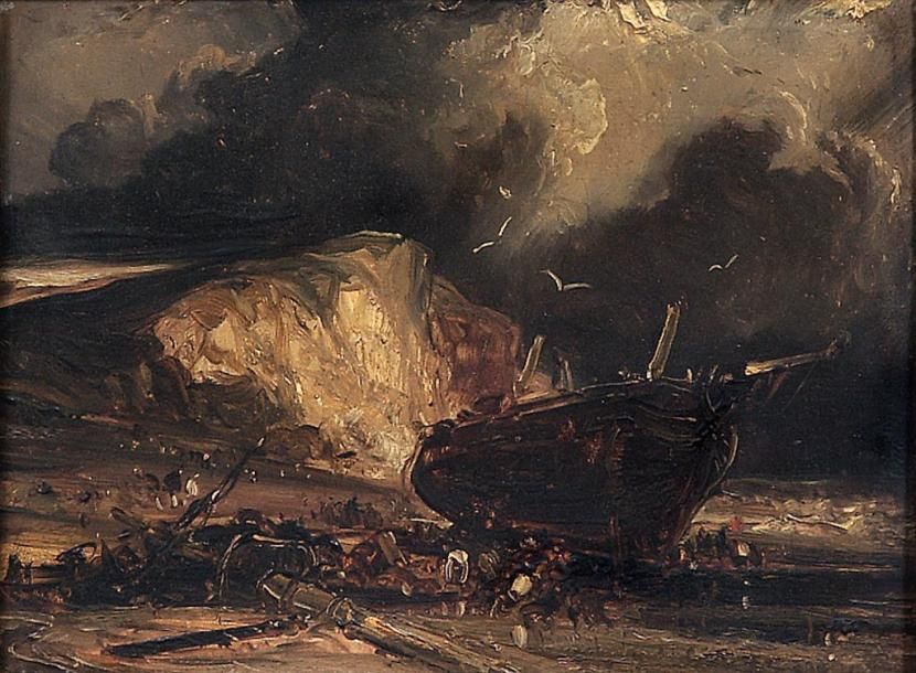 Attribué à Eugène ISABEY (1804-1886) Barque à marée basse Huile sur toile 15,5 x&hellip;