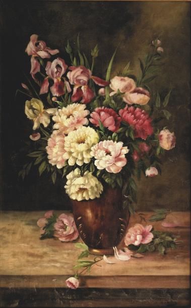 V. MARTIN (Actif au XIX° siècle) Bouquet de pivoines dans un vase Sur sa toile d&hellip;