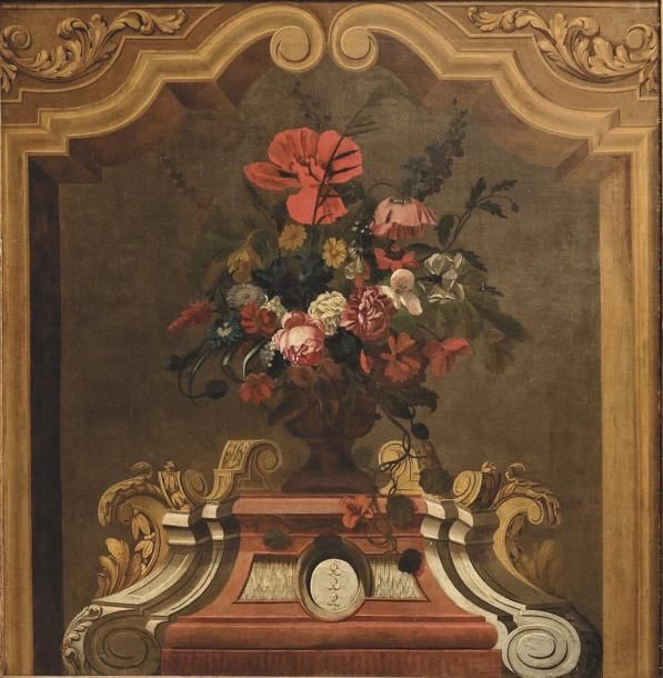 Attribué à Pieter HARDIME (1677 - 1748) Vase de fleurs sur un piédestal Toile 11&hellip;