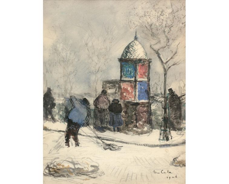 Pieter TEN CATE (1869-1937) 
Colonne Morris sous la neige
Encre de Chine et aqua&hellip;