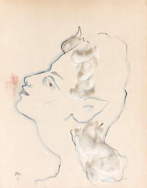 COCTEAU Jean (1889-1963) Tête de faune Plume, pastel et collage de coton, signée&hellip;