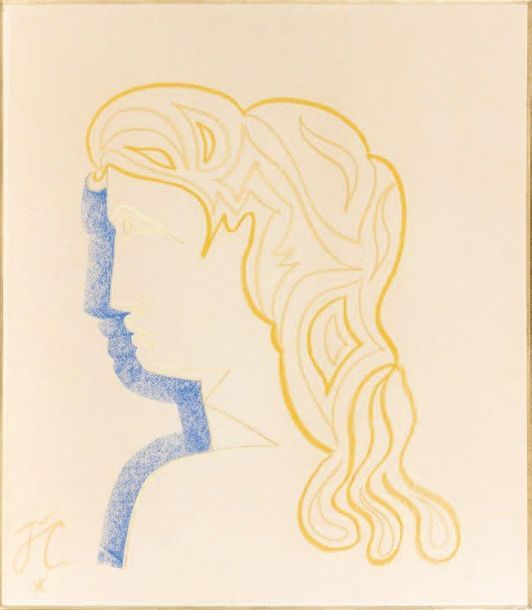 COCTEAU Jean (1889-1963) Profil de femme Pastel, signé des initiales en bas à ga&hellip;