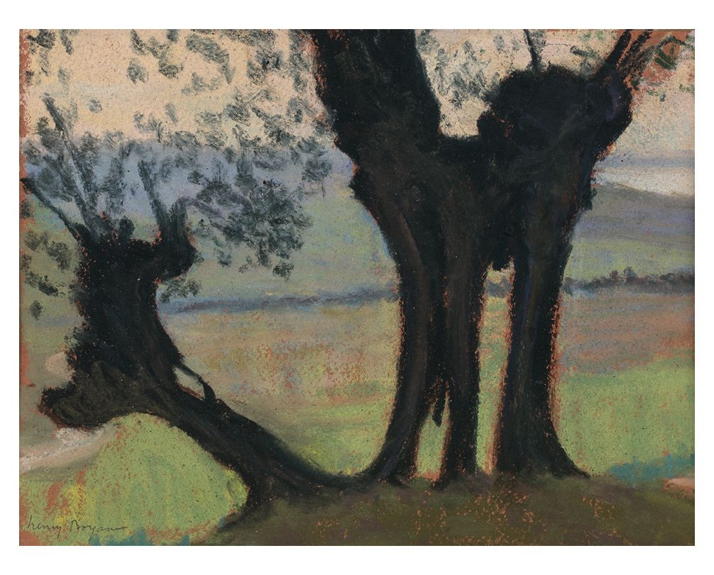 Henry BOYANE (1878-1948) 
大树和乡村
粉彩画，左下方有签名。
17 x 22 cm。