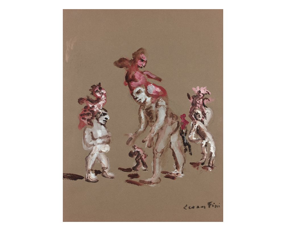 Léonor FINI (1908-1996) 
粉红色的字符
棕色纸上的水粉画，右下角有签名。
39 x 32 cm
在MINSKY画廊的背面标签上提到N° &hellip;