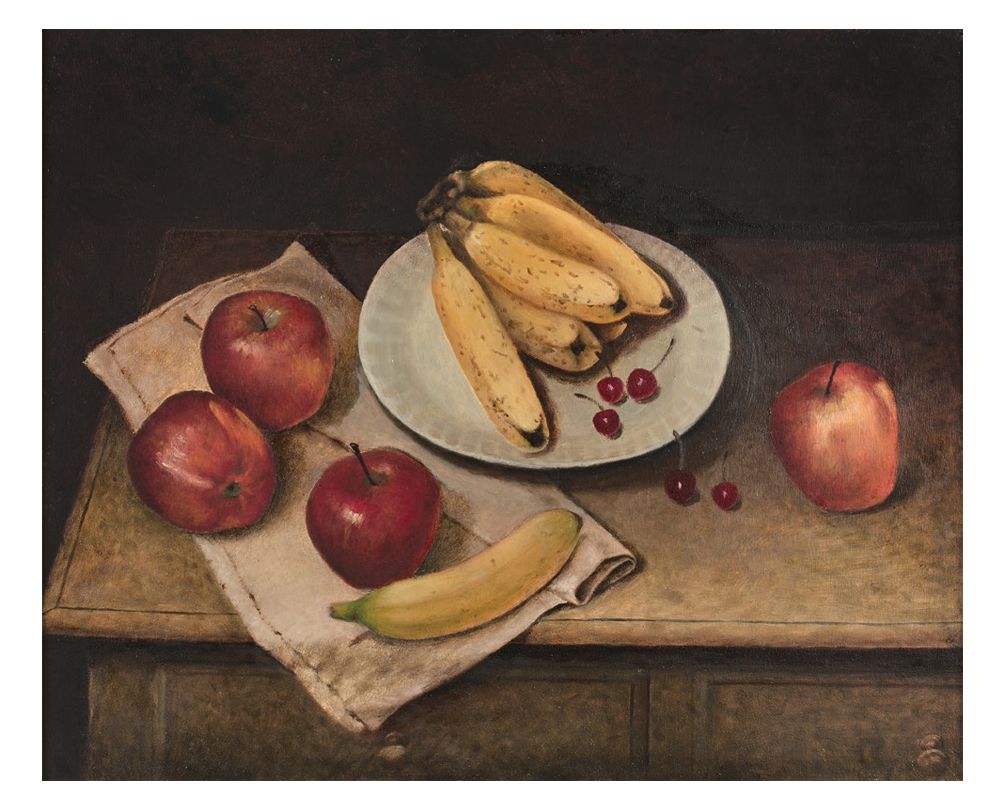 Ecole Moderne 
有苹果和香蕉的静物
面板上的油画。
50 x 62 cm。