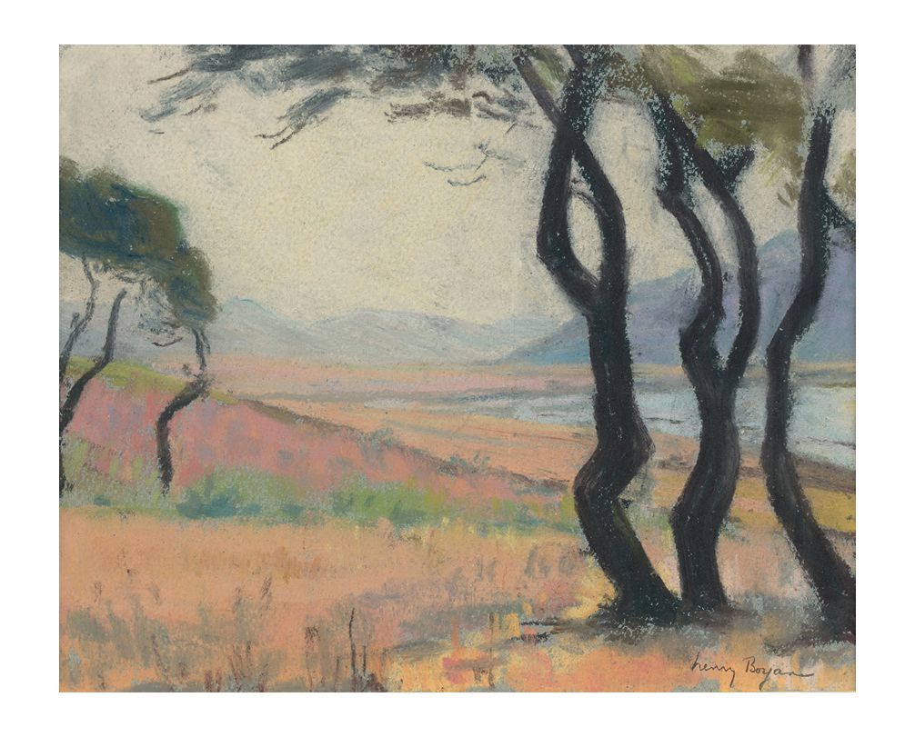 Henry BOYANE (1878-1948) 
树和一块水
粉彩画，右下角有签名。
18 x 22 cm。