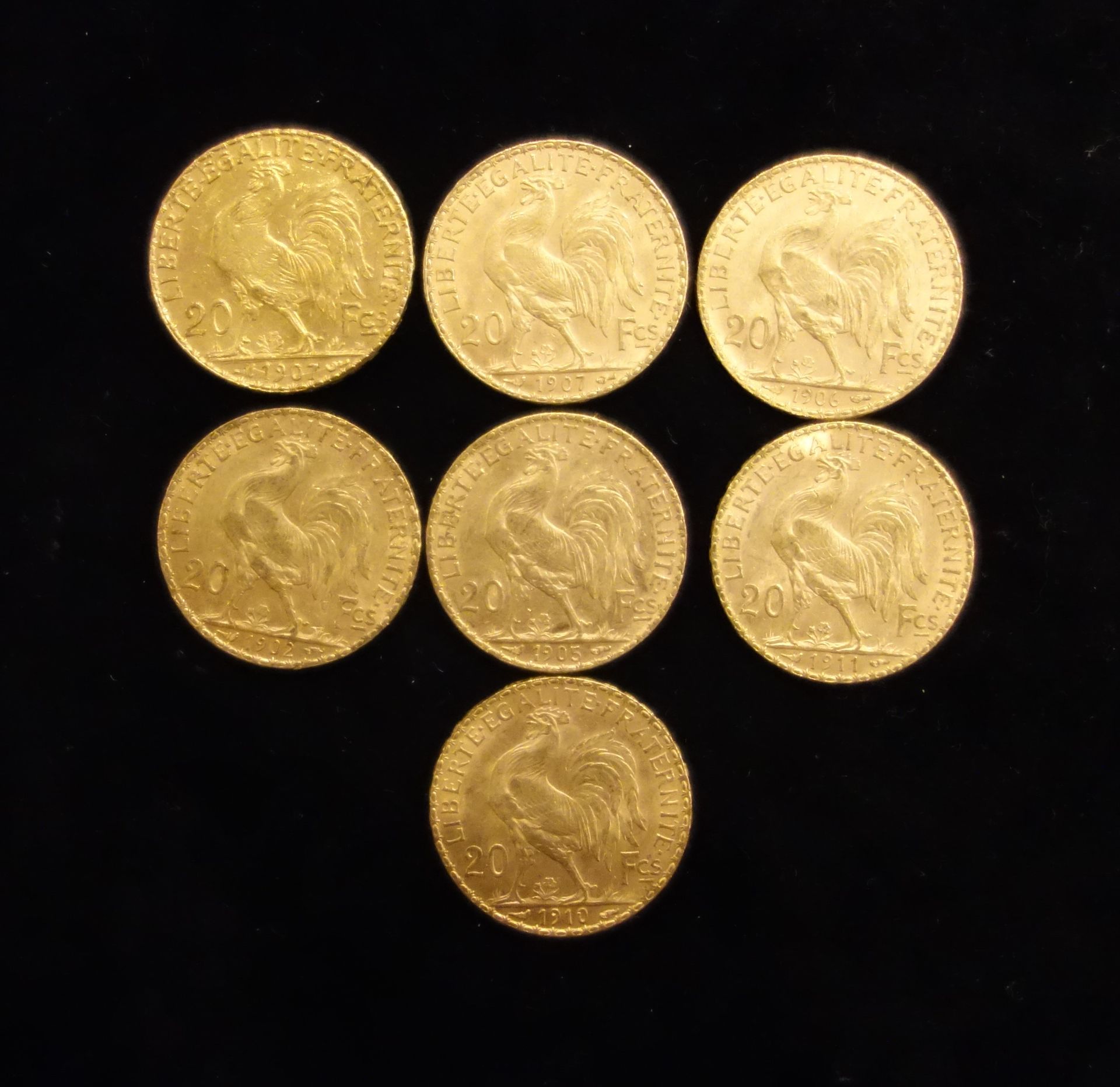 Null Sette monete d'oro da 20 F con gallo.
Peso: 45 g