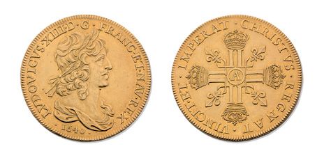 Null 路易十三（1610-1643）。十个金路易，半身披挂。巴黎。1640年。月桂冠和披肩的半身像，右。 R./由8个带冠的L组成的十字架，心形圈内有不同的&hellip;