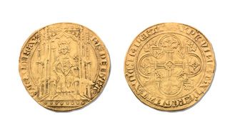 Null 瓦卢斯的菲利佩六世（1328-1350）。双金。(1340).国王坐在哥特式宝座上，手持长权杖弗洛里和短权杖弗洛里。R./Cross flory, c&hellip;