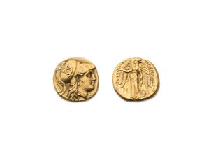 Null 亚历山大三世大帝（336-323）。谥号为 "忠"。巴比伦。(公元前317-311年)。雅典娜的头盔向右，头盔上有蛇的装饰。R./
Niké站立，张开&hellip;
