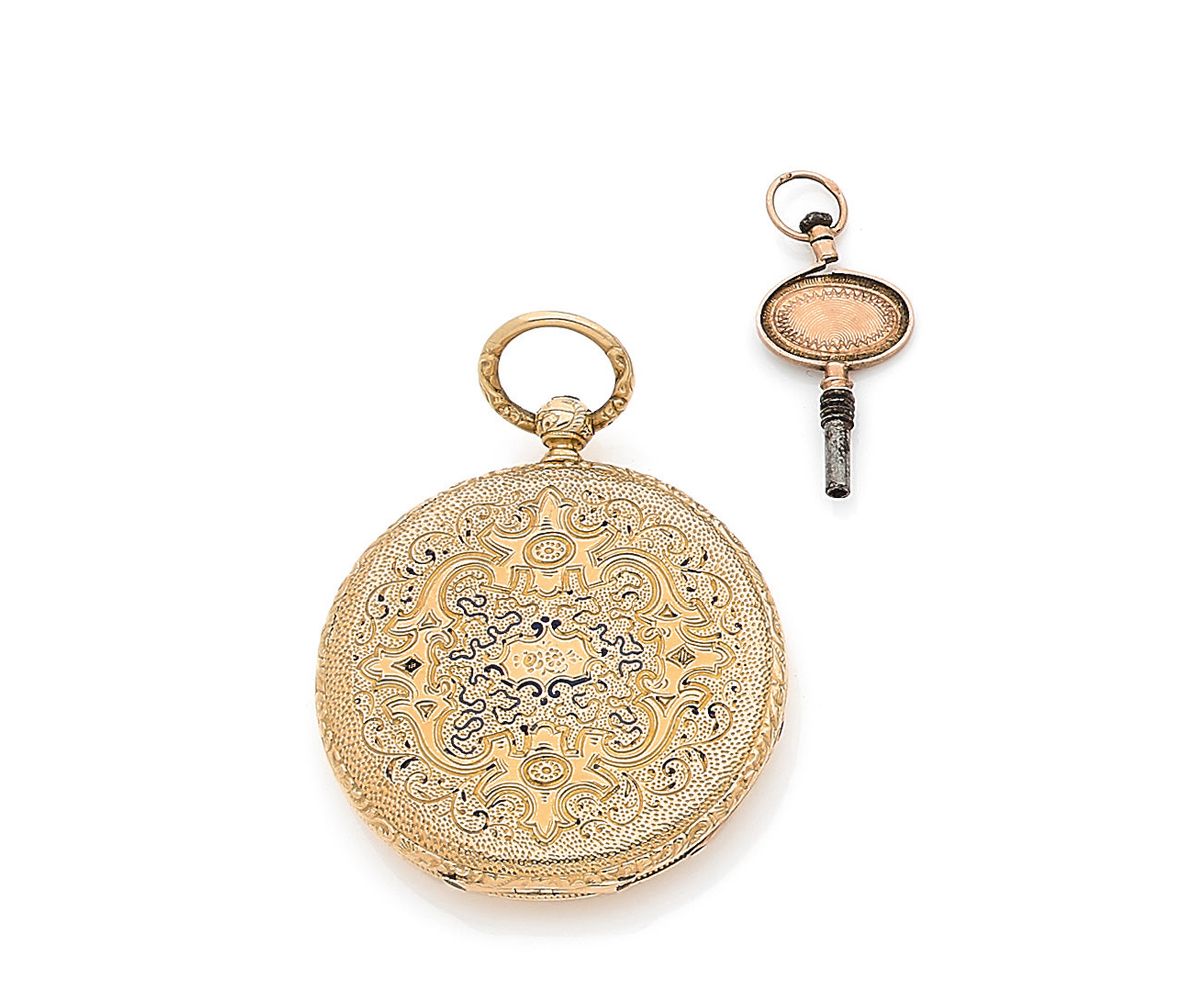 Null Savonnette-Uhr und ein Schlüssel aus 18 K Gelbgold (750‰). Weißes Emailziff&hellip;