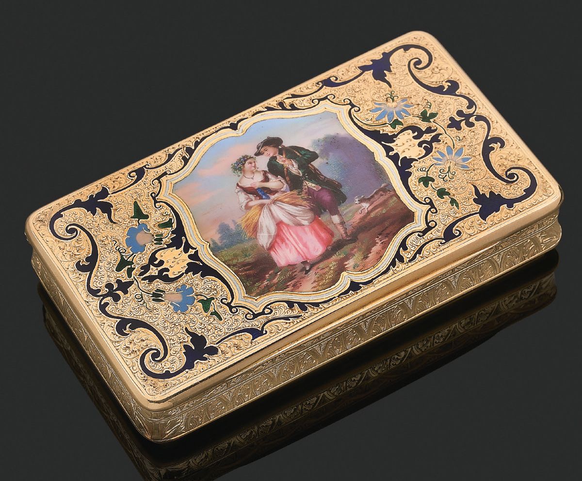 Null Rectangular snuffbox in yellow gold and polychrome enamel, the lid decorate&hellip;