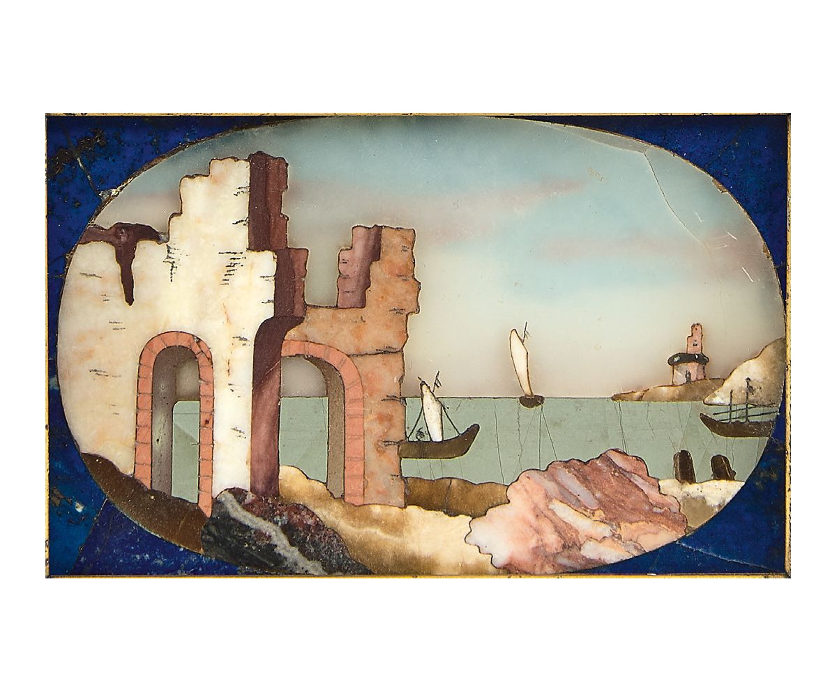 Null Rectangular plate in hard stone marquetry, representing a seaside landscape&hellip;