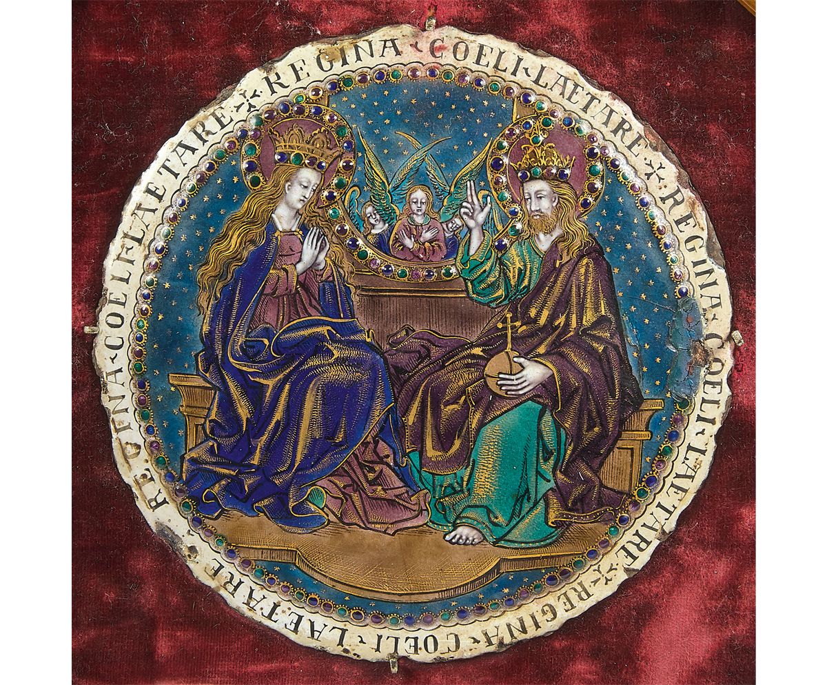 Null 圆形多色珐琅盘，金色的亮点和珐琅在paillon上，表现基督为圣母祝福，这是根据Martin Schongauer（1445- 1491）的雕刻（图）&hellip;