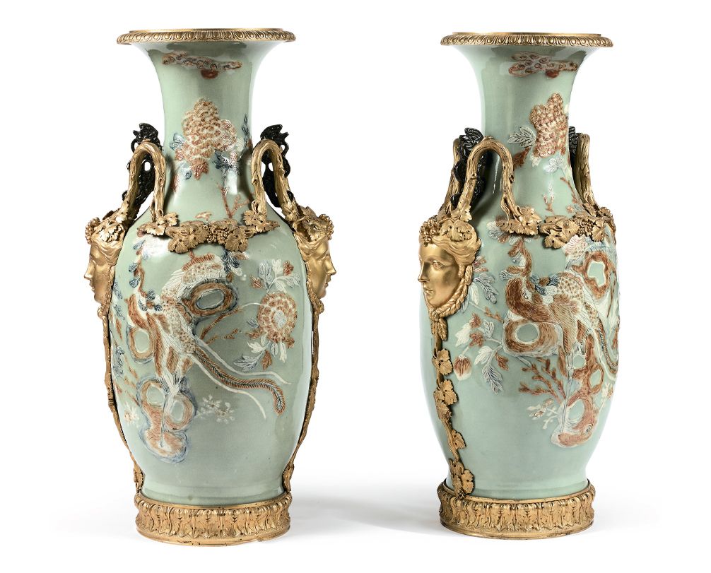 CHINE Very beautiful pair of large flared neck vases with celadon green porcelai&hellip;