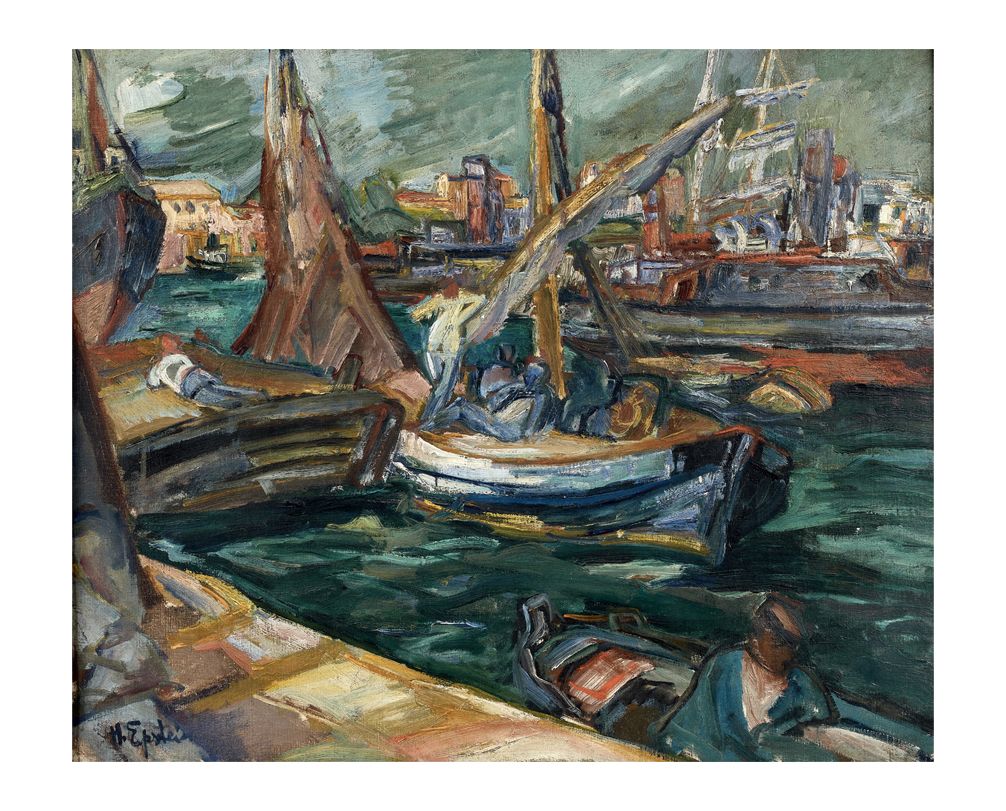 Henri EPSTEIN (189-1944) 港湾中的船只
布面油画，左下角有签名（右下角有零星的小缺口和明显的缺失）。
53 x 63厘米
装在一个鎏金木&hellip;