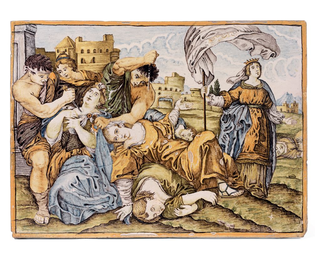 ITALIE, Castelli 大的长方形盘子，有多色的装饰，代表男人在一个有城堡装饰的风景中谋杀女人的九个人物，在一个手持旗帜的圣人（Orsola）面前，有&hellip;
