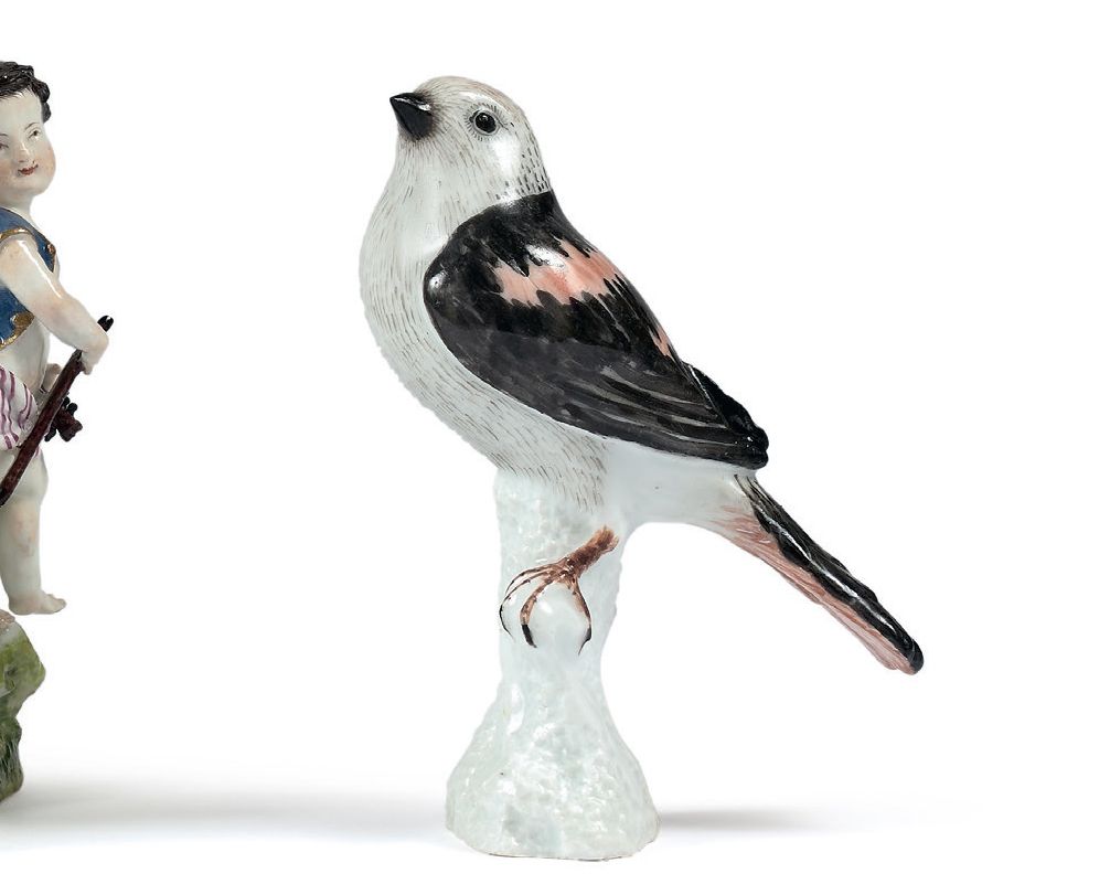 MEISSEN Statuette with polychrome decoration representing a snow sparrow perched&hellip;