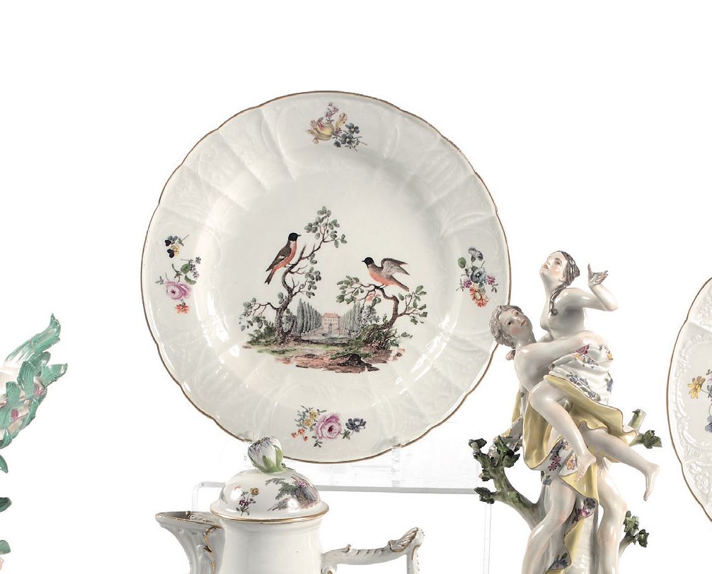 MEISSEN Six plates with polychrome decoration in the center of birds perched on &hellip;
