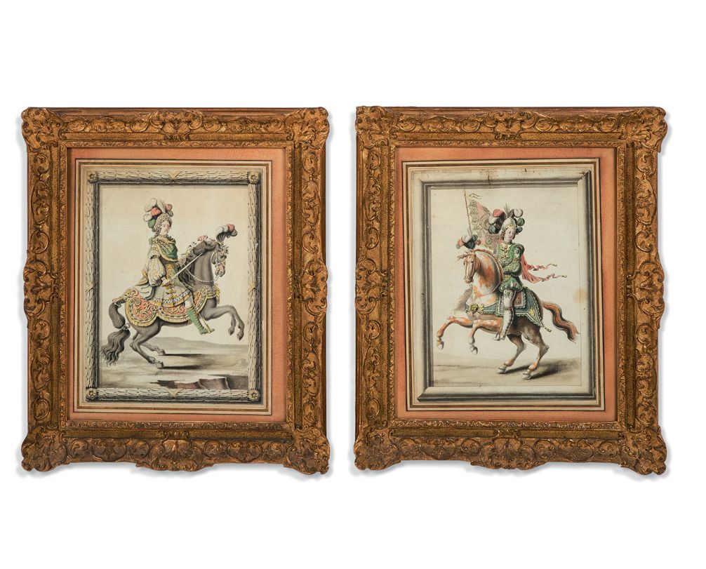 Ecole du XVIIIe siècle Two equestrian watercolors, one representing Louis XIV (w&hellip;
