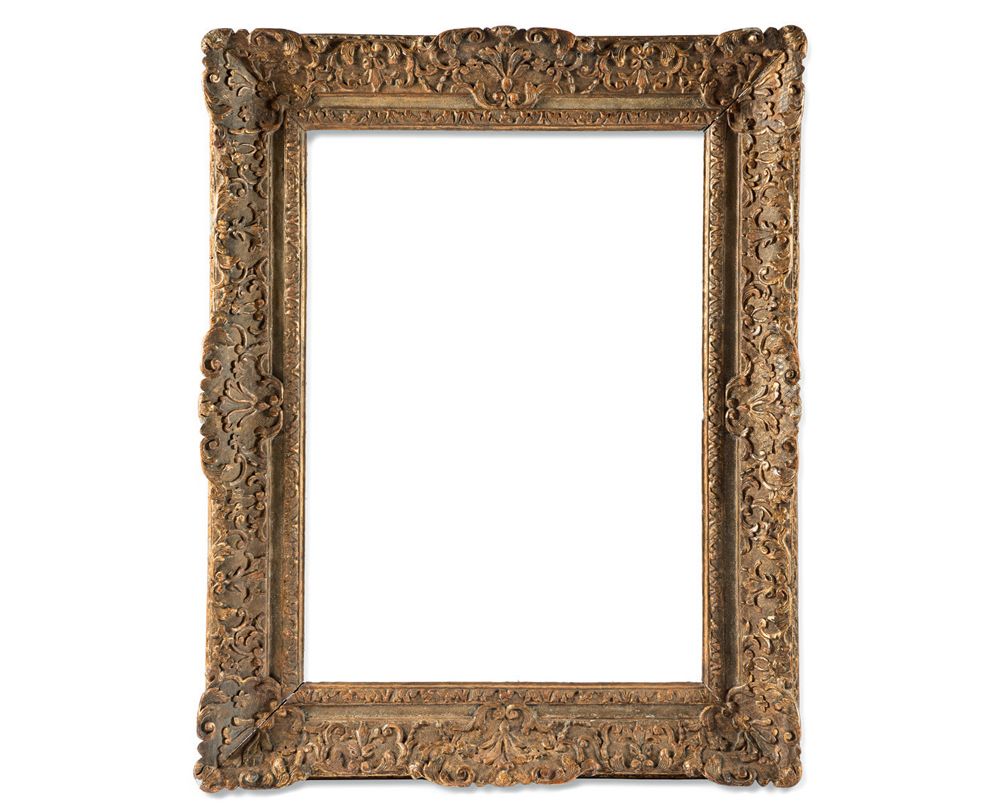 Null Carved and gilded oak frame with spandrels, shells, volutes on a rice grain&hellip;